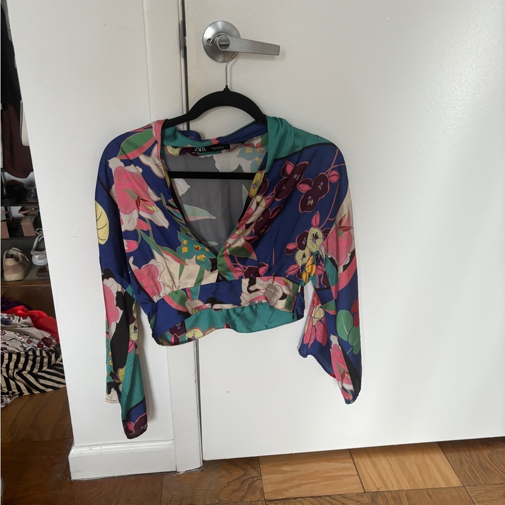 NWOT Zara silk long sleeve cut out top